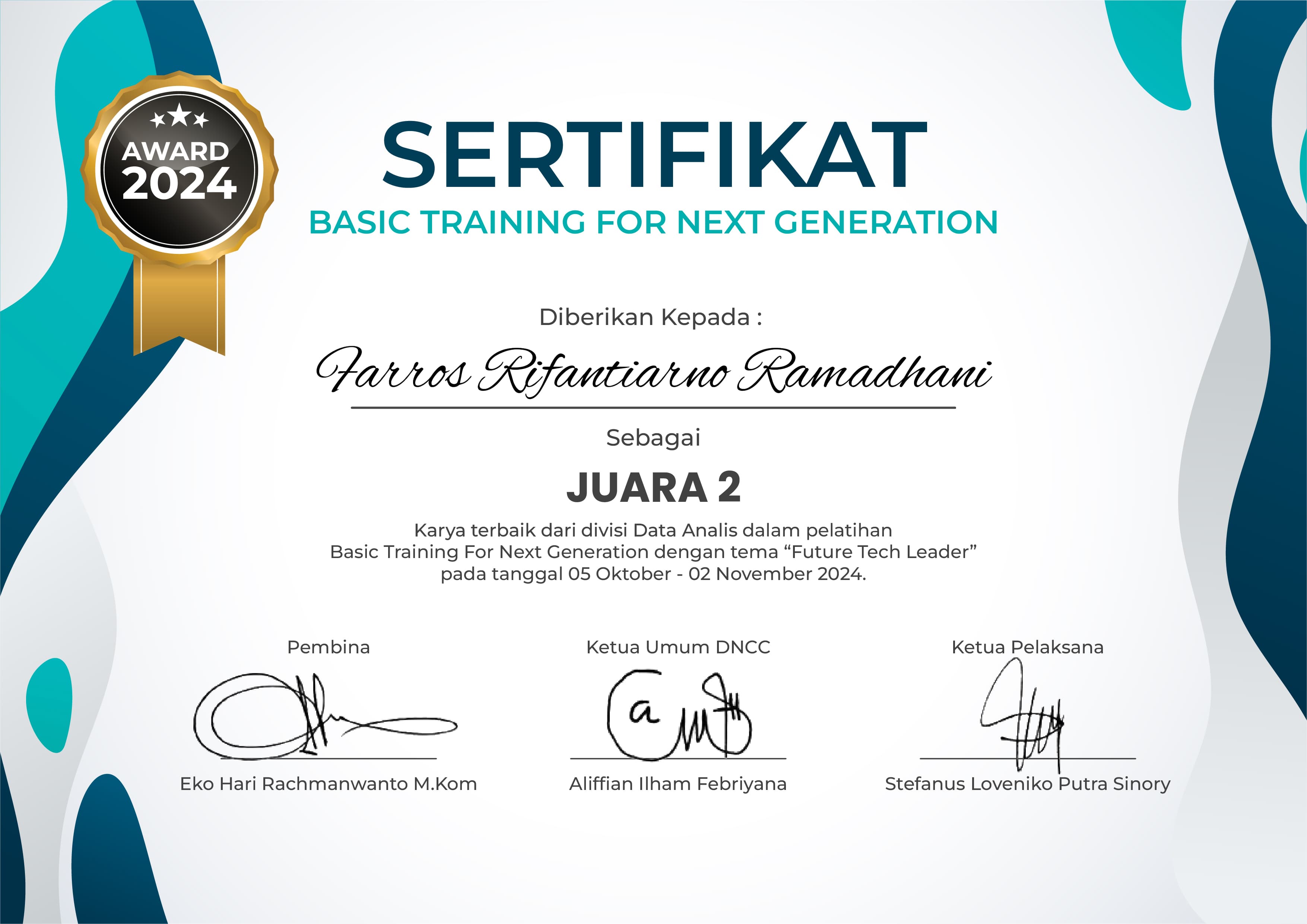 Piagam Juara 2 Assignment BTNG DNCC 2024